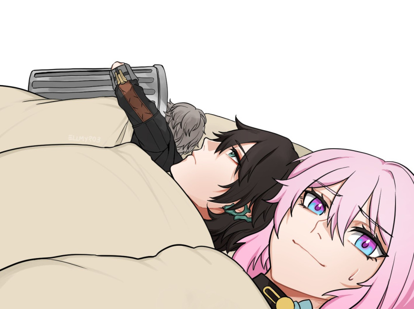 1girl, 2boys, 500_dollar_four_foot_tall_mareep_(meme), artist_name, back, black_choker, black_hair, black_jacket, blanket, blue_eyes, caelus_(honkai:_star_rail), choker, closed_mouth, dan_heng_(honkai:_star_rail), ellmyr, english_commentary, eyeshadow, grey_hair, hair_between_eyes, honkai:_star_rail, honkai_(series), hood, hooded_jacket, hug, jacket, long_sleeves, looking_at_viewer, looking_up, lying, makeup, march_7th_(honkai:_star_rail), meme, multicolored_eyes, multiple_boys, on_back, on_side, pillow, pink_hair, red_eyeshadow, short_hair, simple_background, smile, sweatdrop, trailblazer_(honkai:_star_rail), trash_can, violet_eyes, white_background