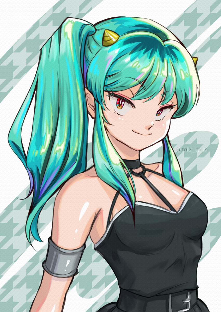 1girl, aqua_hair, armlet, artist_name, bare_shoulders, black_dress, breasts, collarbone