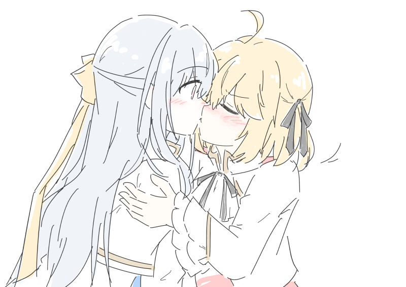 2girls, ahoge, anisphia_wynn_palettia, black_ribbon, blonde_hair, blush, closed_eyes, commentary_request, euphyllia_magenta, grey_hair, hair_ribbon, hand_on_another's_shoulder, jacket, kiss, long_hair, long_sleeves, medium_hair, multiple_girls, neck_ribbon, nick150iso, ribbon, simple_background, tensei_oujo_to_tensai_reijou_no_mahou_kakumei, upper_body, white_background, white_jacket, yellow_ribbon, yuri