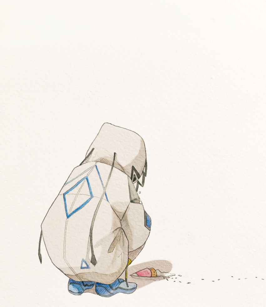 1girl, blue_footwear, cevio, dropped_food, facing_away, full_body, highres, hood