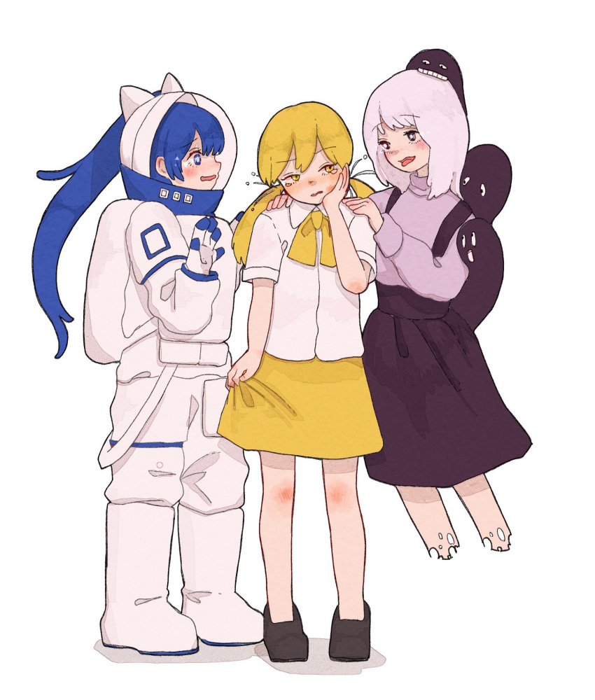 3girls, animal_ear_headwear, astronaut, biting, black_eyes, black_footwear, black_skirt, blonde_hair