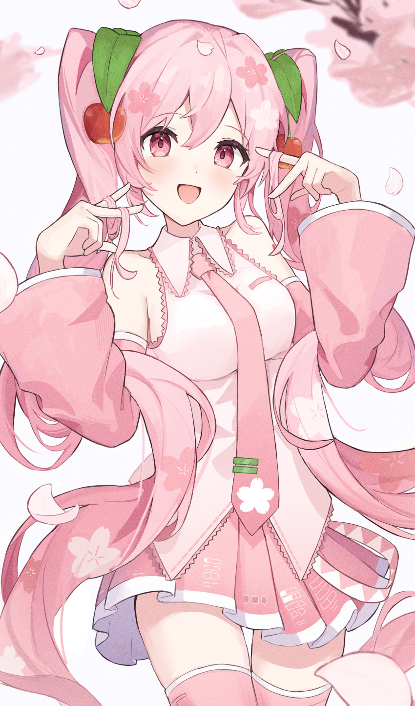 1girl, :d, absurdres, ame_miya_ta, cherry, cherry_blossoms, cherry_hair_ornament, commentary