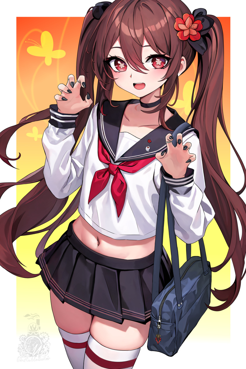 1girl, absurdres, alternate_costume, belly, black_nails, blush, boo_tao_(genshin_impact), bow