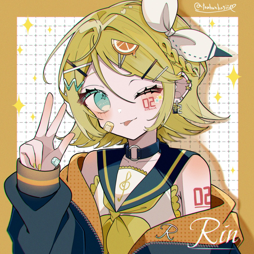 1girl, aqua_eyes, arm_at_side, arm_tattoo, armpit_crease, bandaid, bandaid_on_face, bandaid_on_hand, bare_shoulders, black_choker, black_jacket, black_sailor_collar, blonde_hair, blush, border, braid, character_name, choker, closed_mouth, collarbone, colored_eyelashes, ear_piercing, facial_tattoo, flipped_hair, food-themed_hair_ornament, french_braid, frilled_shirt, frills, grid_background, hair_between_eyes, hair_ornament, hairclip, hand_up, highres, jacket, kagamine_rin, long_sleeves, maca1227, multicolored_clothes, multicolored_jacket, nail_polish, neckerchief, no_pupils, number_earrings, number_tattoo, o-ring, o-ring_choker, one_eye_closed, open_clothes, open_jacket, orange_border, orange_hair_ornament, orange_jacket, piercing, sailor_collar, shirt, short_hair, single_braid, sleeveless, sleeveless_shirt, sleeves_past_wrists, smile, solo, sparkle, star_piercing, star_tattoo, tattoo, tongue, tongue_out, two-tone_jacket, upper_body, vocaloid, w, white_background, white_shirt, yellow_nails, yellow_neckerchief