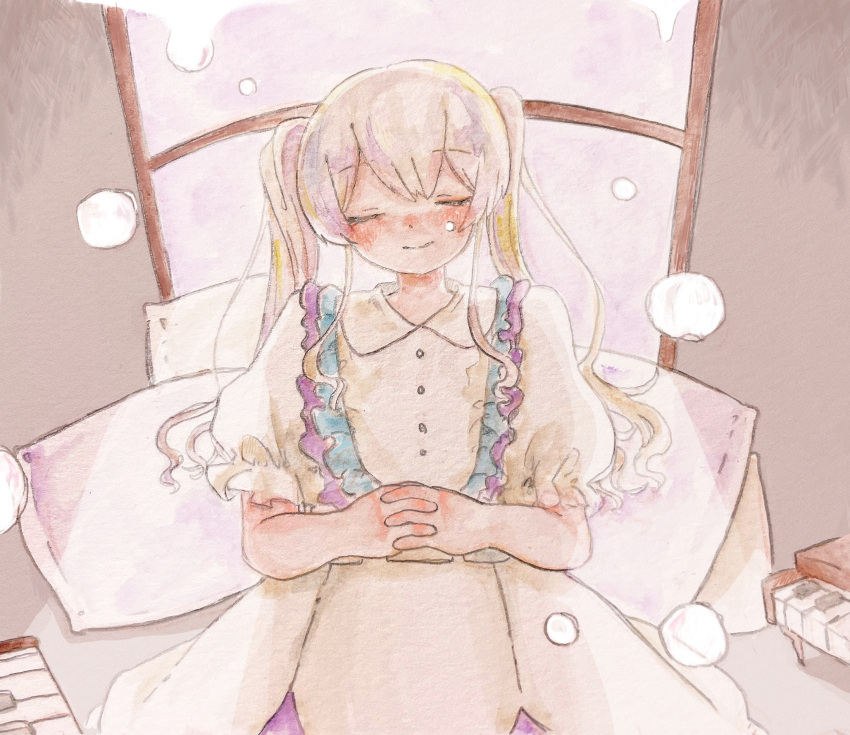 1girl, blush, closed_eyes, closed_mouth, collared_dress, commentary_request, cowboy_shot, dress