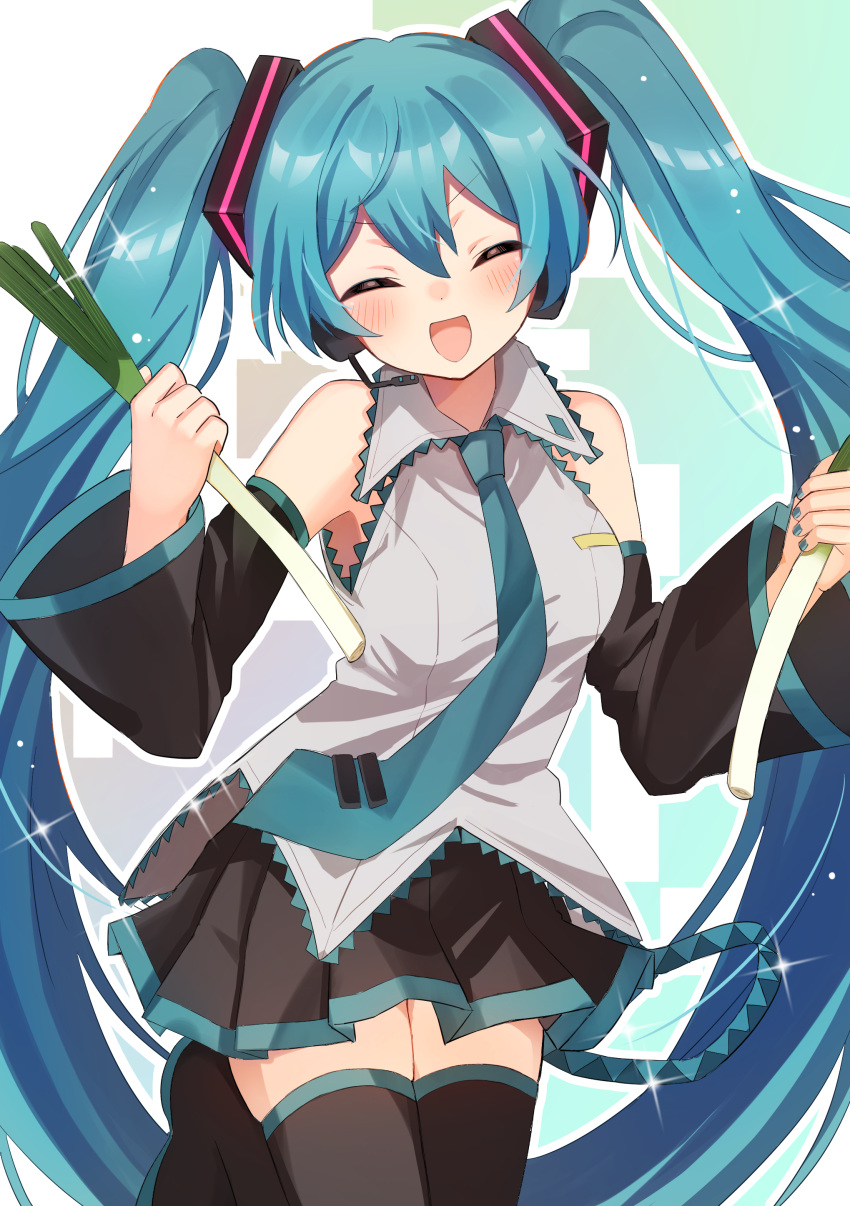 1girl, :d, ^_^, absurdres, aqua_hair, aqua_nails, black_skirt, black_sleeves