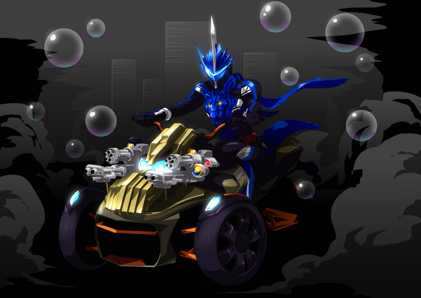 1boy, absurdres, armor, blue_eyes, blue_loincloth, blue_scarf, bubble, gatling_gun