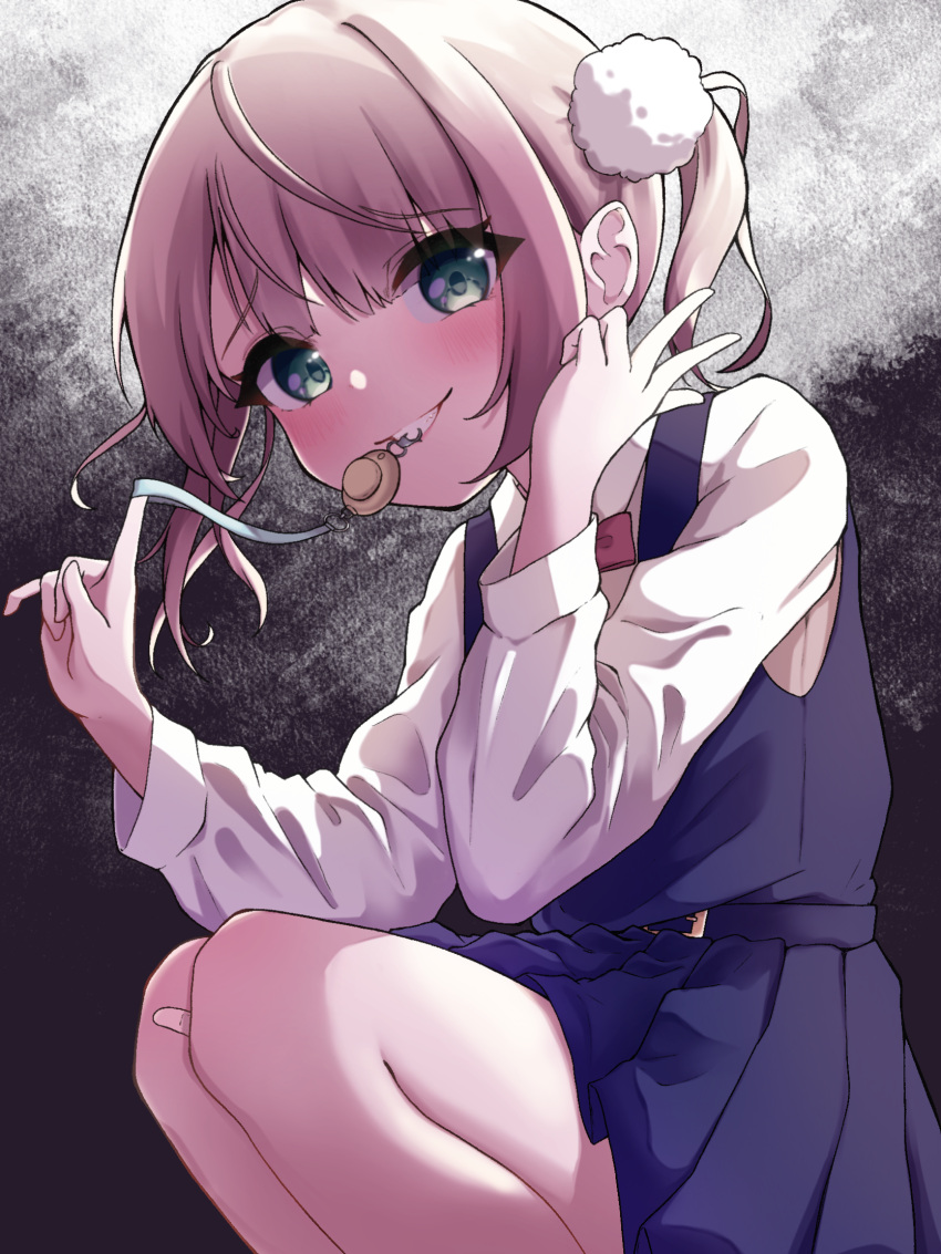 1girl, blue_skirt, blue_vest, blunt_bangs, blush, commentary, crime_prevention_buzzer, crime_prevention_buzzer_threat, evil_grin, evil_smile, eyes_visible_through_hair, fang, feet_out_of_frame, green_eyes, grey_background, grin, hair_ornament, hands_up, highres, index_finger_raised, light_brown_hair, long_sleeves, looking_at_viewer, matcha_amigo, medium_hair, mesugaki, miniskirt, pleated_skirt, pom_pom_(clothes), pom_pom_hair_ornament, school_uniform, shigure_ui_(vtuber), shigure_ui_(vtuber)_(young), shirt, short_twintails, shukusei!!_loli-gami_requiem, simple_background, skirt, smile, solo, squatting, twintails, v, vest, virtual_youtuber, white_shirt