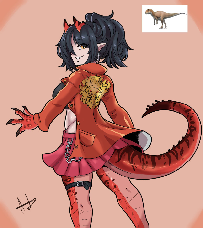 1girl, a.c._hunter, allosaurus, artist_name, belt, black_hair, black_shirt, breasts, chain, claws, dinosaur, dinosaur_girl, dinosaur_tail, earrings, full_body, hair_between_eyes, highres, horns, jacket, jewelry, lion, long_sleeves, looking_at_viewer, looking_back, midriff, original, pocket, ponytail, red_jacket, shirt, short_hair, signature, simple_background, skirt, smile, solo, standing, tail, yellow_eyes