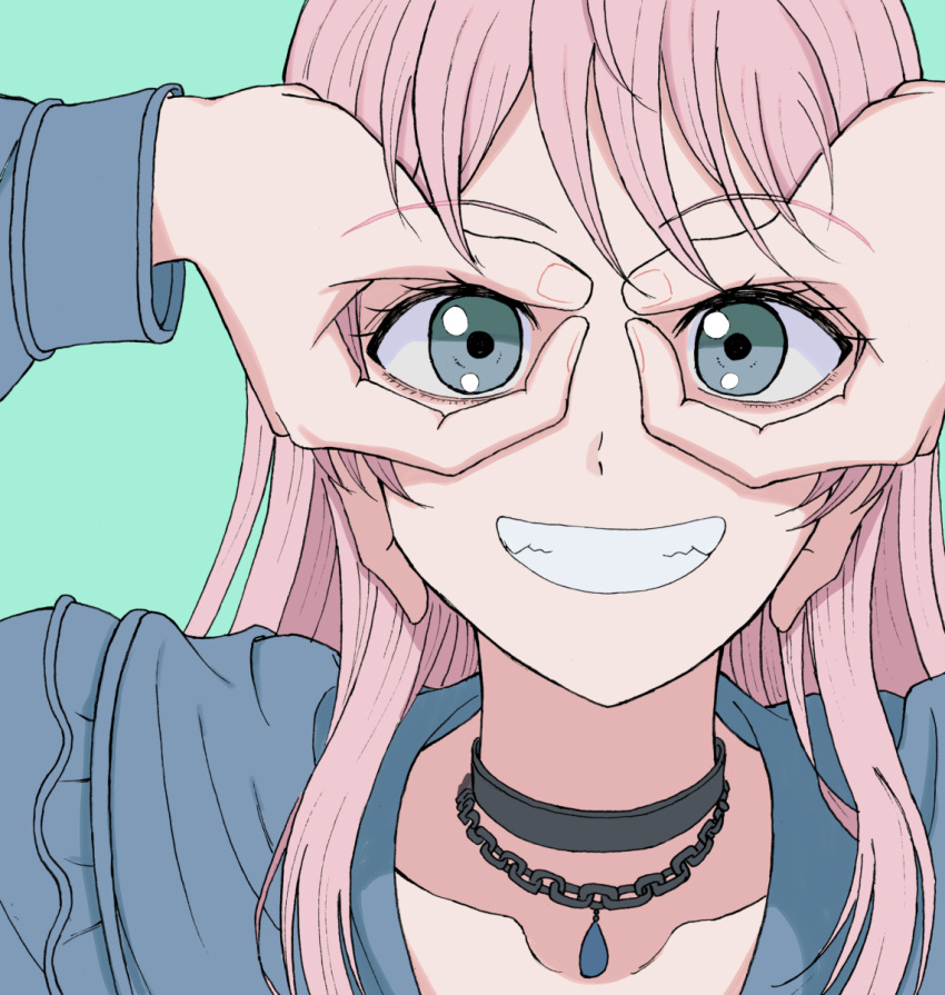 1girl, :d, aqua_background, bang_dream!, bang_dream!_it's_mygo!!!!!, black_choker, blue_eyes, blue_shirt