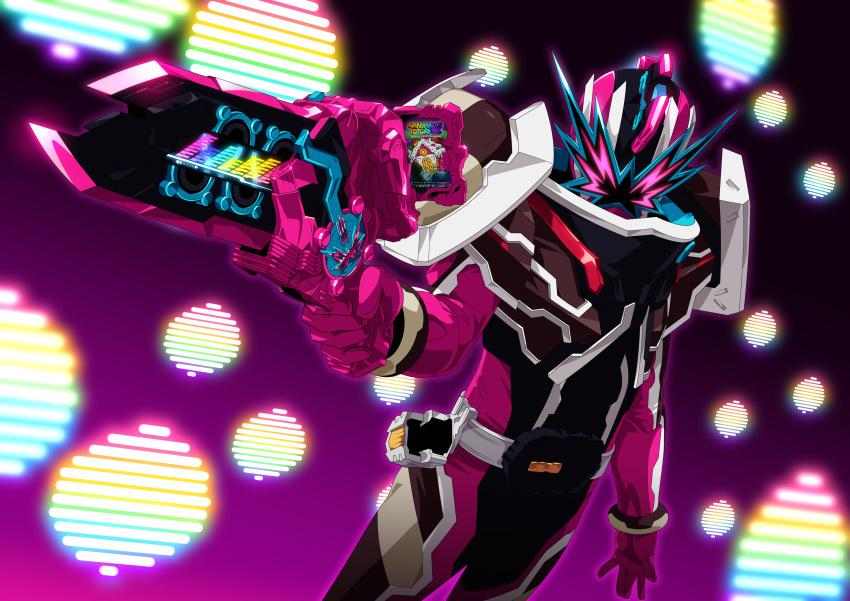 >_<, 1boy, absurdres, aiming, armor, blue_eyes, bodysuit, gloves, gun, hanselnuts_to_gretel, helmet, highres, holding, holding_gun, holding_sword, holding_weapon, kamen_rider, kamen_rider_saber_(series), kamen_rider_slash, looking_ahead, mask, multiple_boys, otokamu, punk_rock, red_eyes, simple_background, sword, tokusatsu, weapon