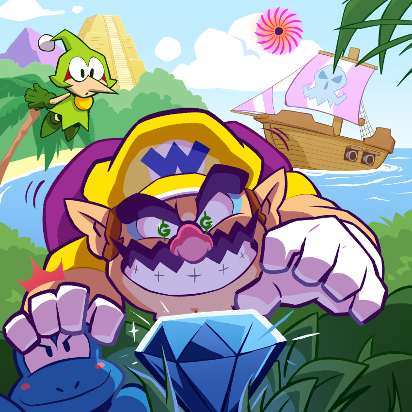 1boy, absurdres, blue_sky, gem, gloves, green_hat, grin, hat, highres, jungle, letitmelo, merfle_(wario_land), mountain, nature, ocean, pirate_ship, pointy_ears, portal_(object), pyramid_(structure), ship, sky, smile, wario, wario_land, wario_land:_shake_it!, wario_land_4, water, watercraft, white_gloves, yellow_hat