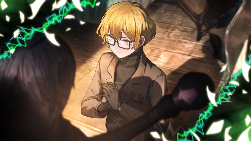 2boys, black_gloves, black_shirt, blonde_hair, game_cg, glasses, gloves, grey_hair, grey_jacket, highres, jacket, library_of_ruina, limbus_company, multiple_boys, nai_ga, official_art, project_moon, salvador_(project_moon), shadow, shirt, short_hair, sinclair_(project_moon), solo_focus, sword, turtleneck, weapon, wooden_floor, yellow_eyes
