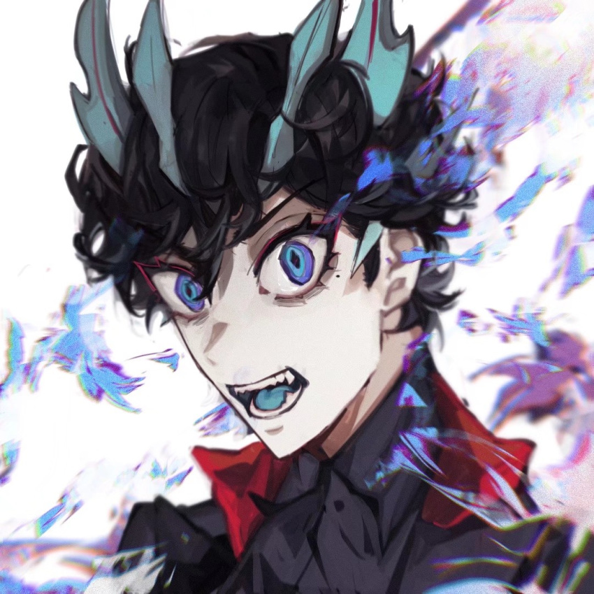 1boy, adapted_costume, black_hair, black_jacket, black_shirt, blue_eyes, blue_fire, blue_tongue