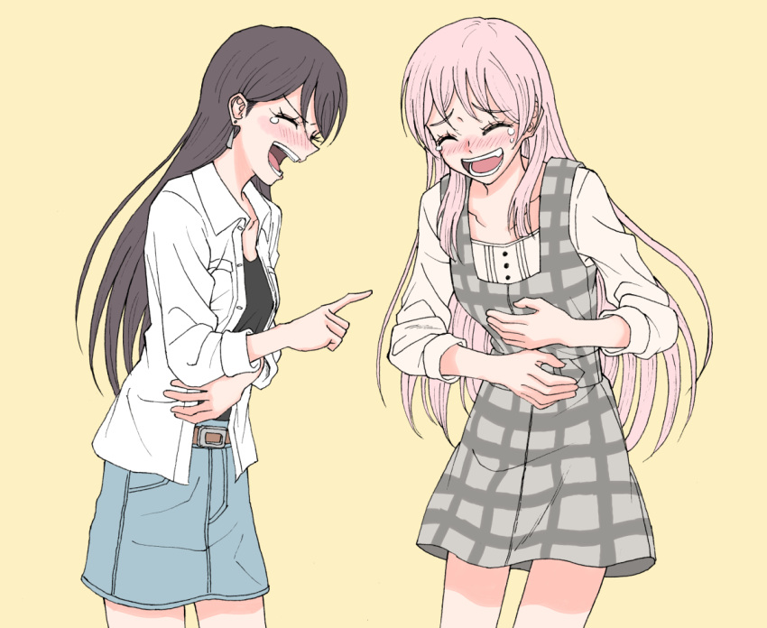 2girls, ^_^, bang_dream!, bang_dream!_it's_mygo!!!!!, belt, black_hair, black_shirt, blue_skirt, brown_belt, brown_hair, chihaya_anon, closed_eyes, collared_shirt, cowboy_shot, denim, denim_skirt, dress, earrings, grey_dress, hands_on_own_stomach, happy_tears, ishinomaki_rokorou, jewelry, laughing, layered_clothes, long_hair, multiple_girls, open_clothes, open_mouth, open_shirt, pink_hair, plaid, plaid_dress, pointing, pointing_at_another, shiina_taki, shirt, skirt, smile, standing, tears, triangle_earrings, white_shirt, yellow_background