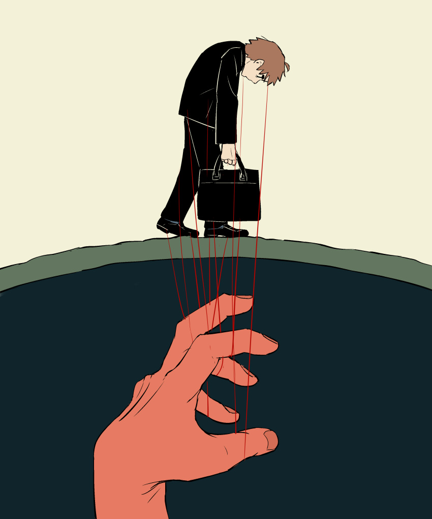 1boy, 1other, absurdres, ahoge, ambiguous_gender, avogado6, black_eyes, black_footwear, black_jacket, black_pants, black_suit, briefcase, brown_hair, commentary, from_side, head_down, highres, holding, holding_briefcase, holding_string, horizon, hunched_over, jacket, looking_down, original, out_of_frame, pants, partially_underground_shot, profile, pulling, shoes, short_hair, simple_background, string, suit, white_background