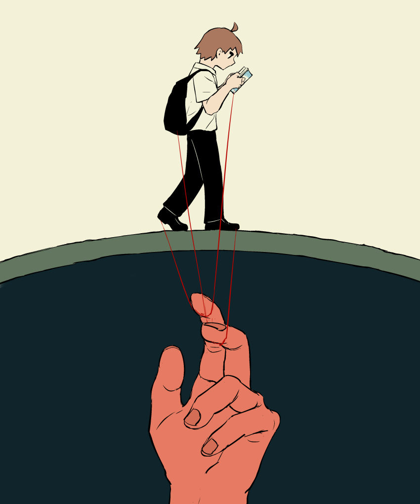 1boy, 1other, absurdres, ahoge, ambiguous_gender, avogado6, backpack, bag, black_bag, black_footwear, black_pants, book, brown_hair, collared_shirt, commentary, from_side, highres, holding, holding_book, holding_string, horizon, original, out_of_frame, pants, partially_underground_shot, profile, pulling, reading, school_uniform, shirt, shoes, short_hair, short_sleeves, simple_background, string, white_background, white_shirt, wide_shot