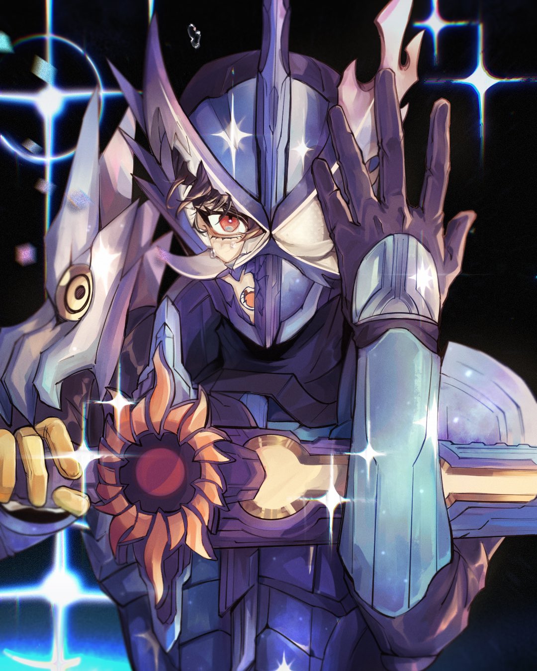 1boy, armor, asymmetrical_armor, asymmetrical_gloves, blue_theme, bodysuit, broken_helmet, dragon, gloves, helmet, highres, holding, holding_sword, holding_weapon, horns, kamen_rider, kamen_rider_saber, kamen_rider_saber_(series), kamen_rider_xross_saber, knight, looking_at_viewer, male_focus, mask, meowq, simple_background, solo, sparkle, sword, tokusatsu, weapon, white_eyes