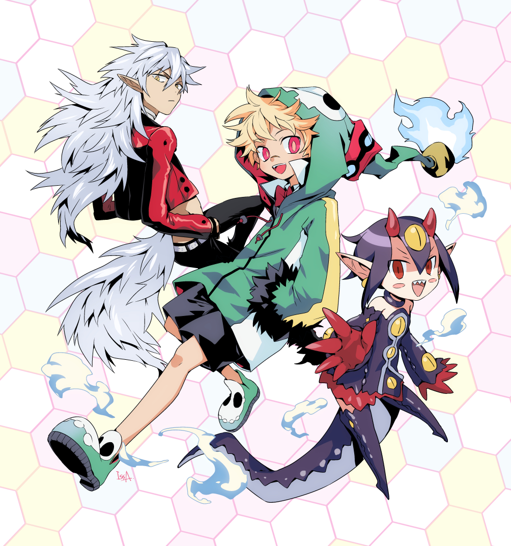 1girl, 2boys, black_shorts, blonde_hair, bow, bowtie, child, demon_boy