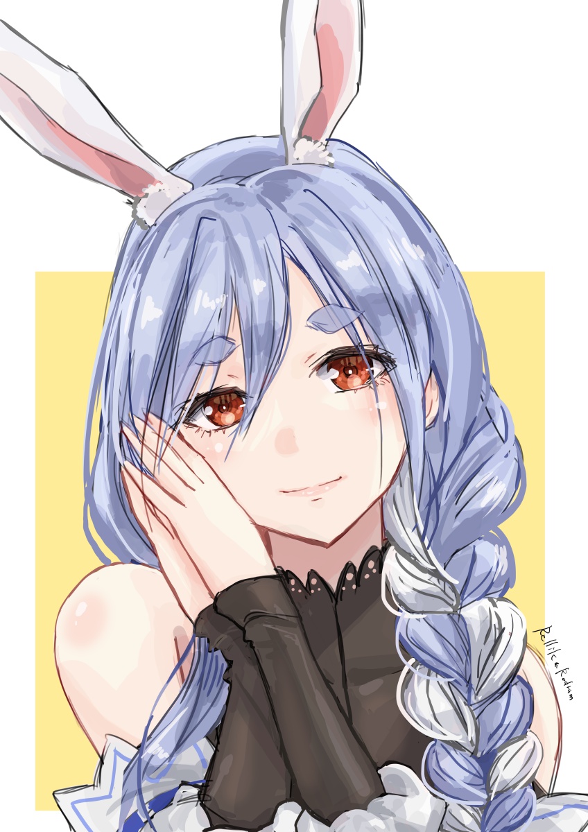 1girl, animal_ear_fluff, animal_ears, black_bodysuit, blue_hair, bodysuit, braid, braided_ponytail