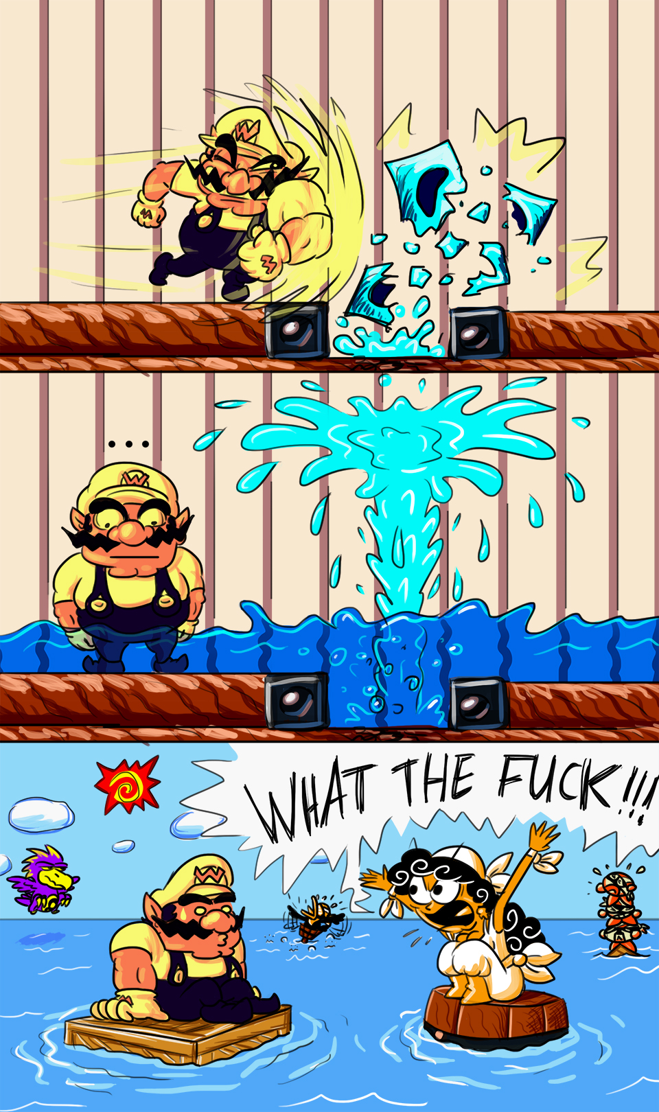 ..., 1boy, 1girl, arms_up, black_overalls, blue_sky, captain_syrup, cleft_chin, facial_hair, hat, highres, long_hair, mustache, ocean, overalls, shirt, shouting, shyguyxxl, sky, speech_bubble, sun, sweatdrop, wario, wario_land, wario_land_ii, white_hat, white_shirt