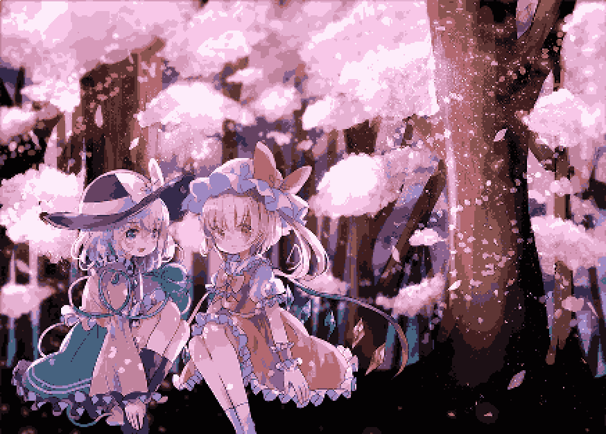2girls, ascot, bat_wings, black_hat, blonde_hair, blouse, bow, buttons