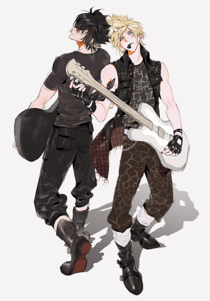 2boys, back-to-back, bandana, black_bandana, black_footwear, black_gloves, black_hair, black_nails
