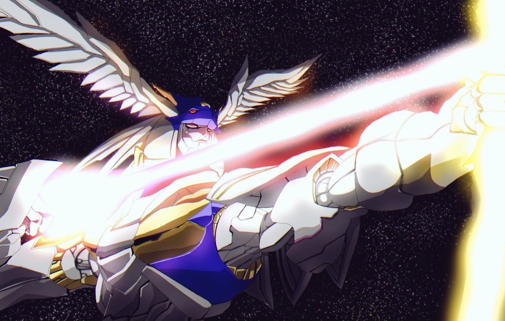 black_background, bow_(weapon), glowing, glowing_weapon, head_wings, naru_(sandanme), no_humans, rahxephon