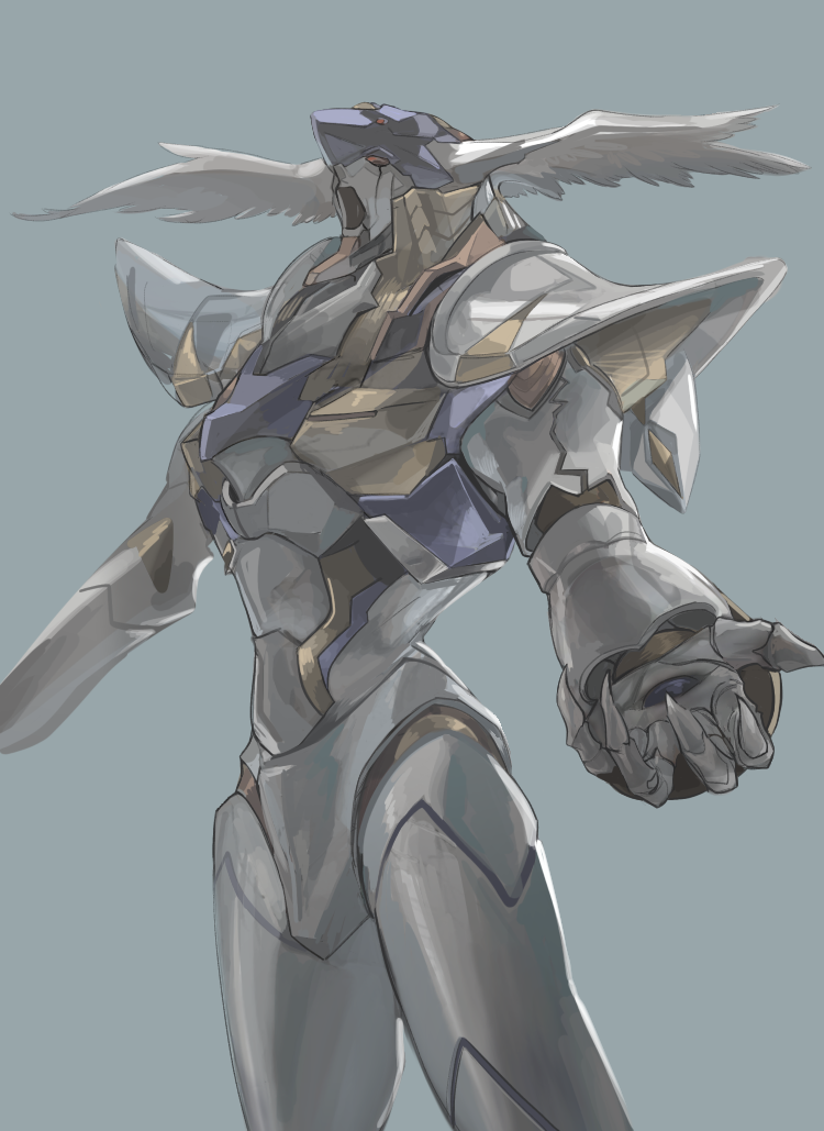 grey_background, head_wings, large_head_wings, mecha, namaneko, no_humans, open_mouth, rahxephon