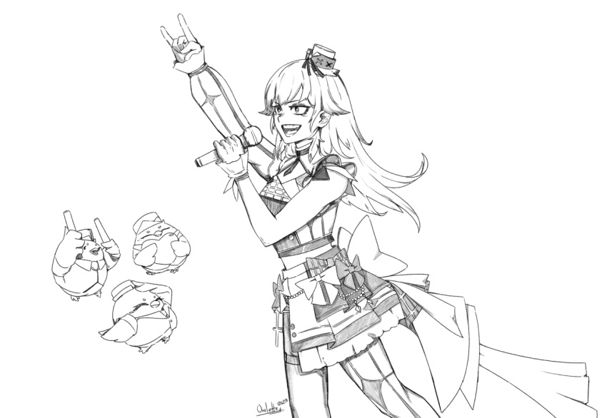 \n/, asymmetrical_legwear, bow, feet_out_of_frame, glowstick, greyscale, hat, holding