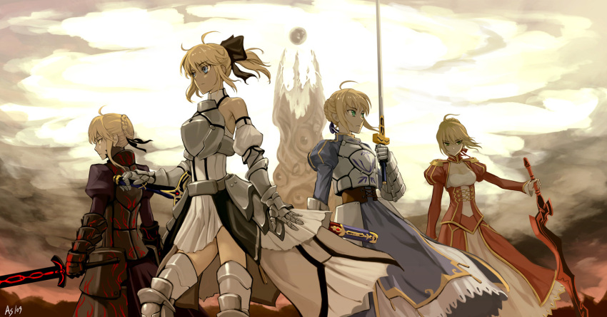 ahoge, armor, armored_dress, as109, bare_shoulders, blonde_hair, blue_eyes, bow