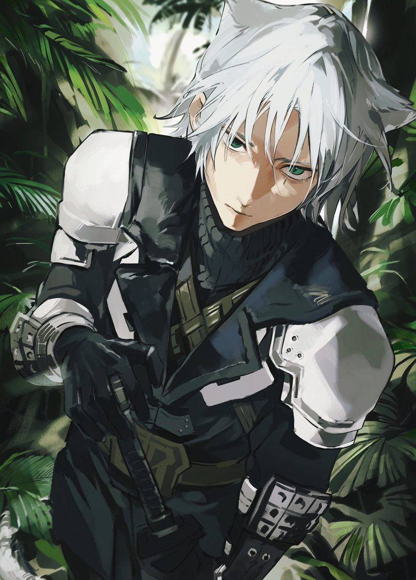 1boy, aged_down, animal-ears, arm_armor, armor, belt, black_coat, black_gloves