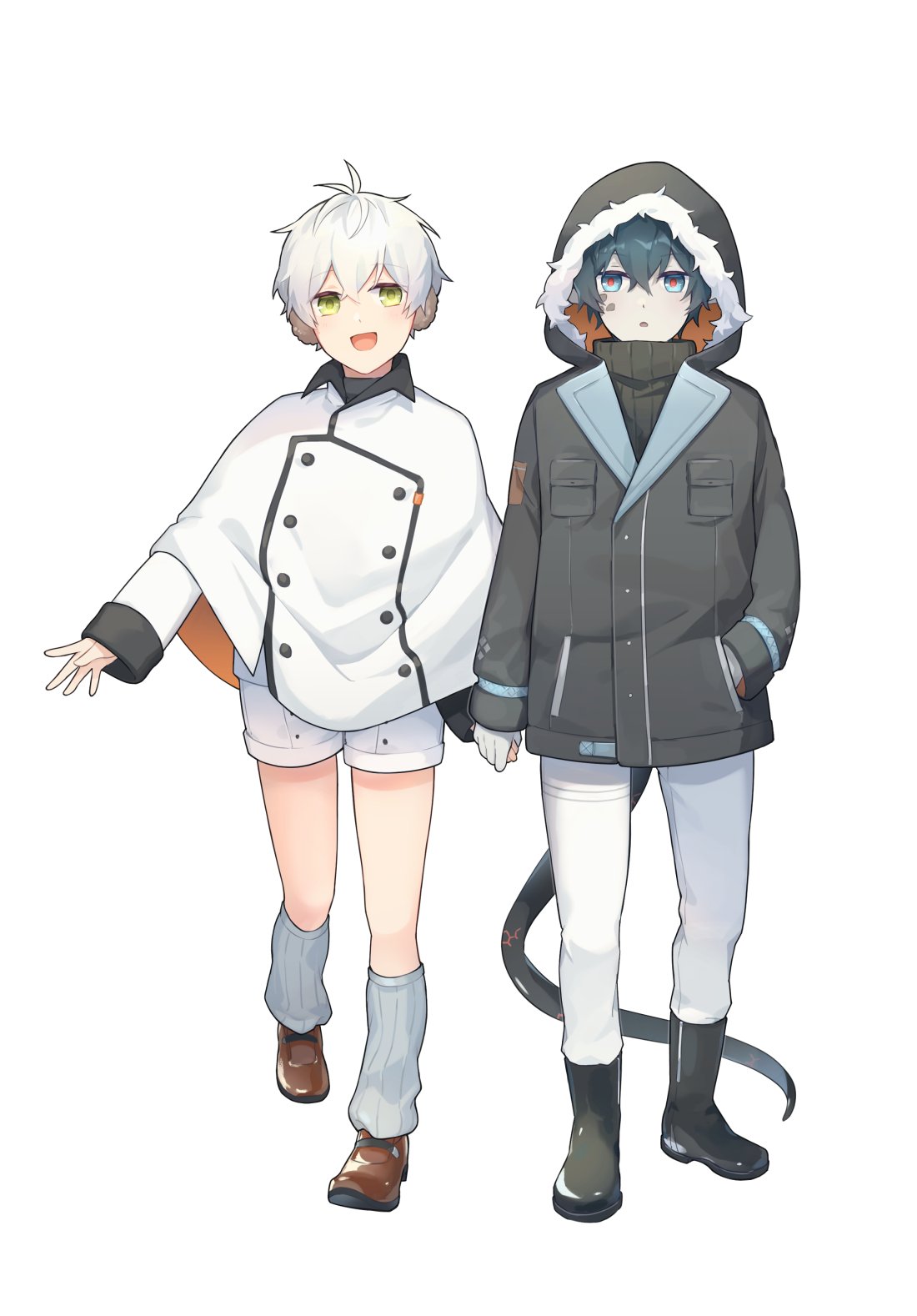 2boys, :o, alternate_costume, arknights, aruke0, bare_legs, black_coat, black_footwear