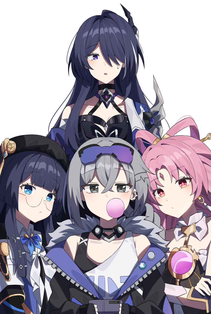 4girls, absurdres, acheron_(honkai:_star_rail), armor, bandaged_arm, bandages, bare_shoulders, black_choker
