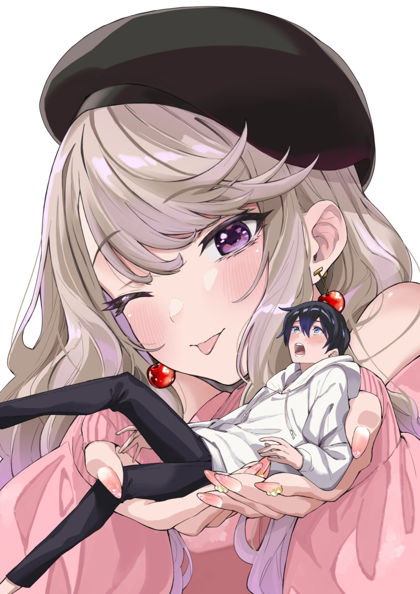1boy, 1girl, ;p, beret, black_hair, black_hat, black_pants, blue_eyes, blush, brown_hair, casual, cherry_earrings, chieri_no_koi_wa_8_meter, cover_image, earrings, food-themed_earrings, giant, giantess, hat, highres, holding, hood, hoodie, in_palm, jewelry, kotaki_yumeji, long_hair, mitogawawataru, nail_polish, official_art, one_eye_closed, oomine_chieri, open_mouth, pants, pink_nails, pink_sweater, simple_background, size_difference, sweater, teeth, tongue, tongue_out, violet_eyes, white_background, white_hoodie