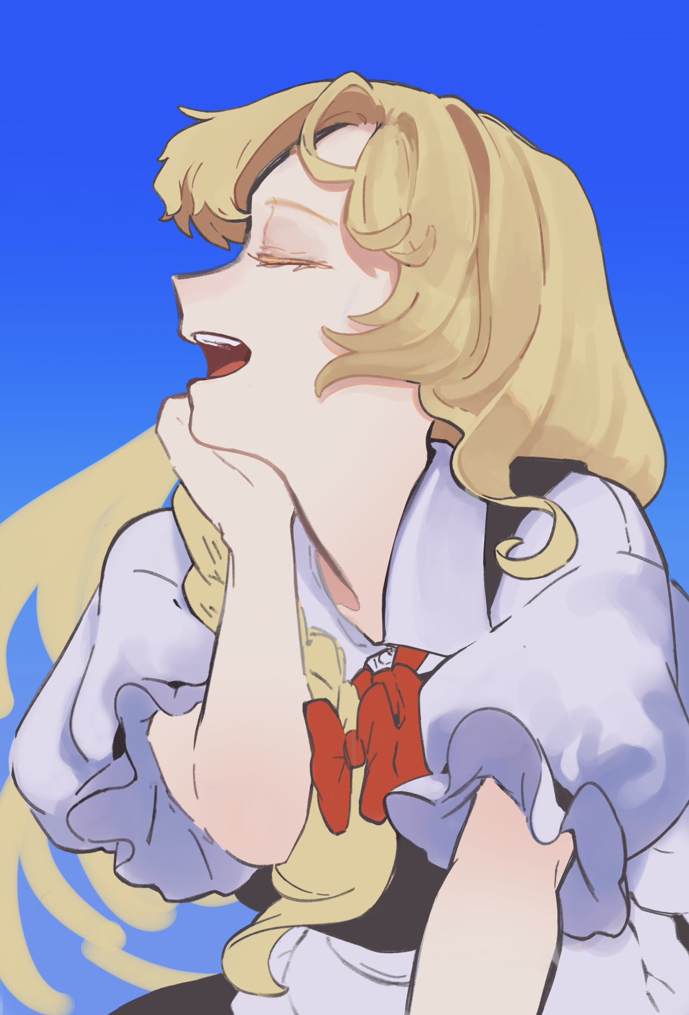 1girl, blonde_hair, blue_background, bow, closed_eyes, hair_bow, hand_on_own_cheek, hand_on_own_face