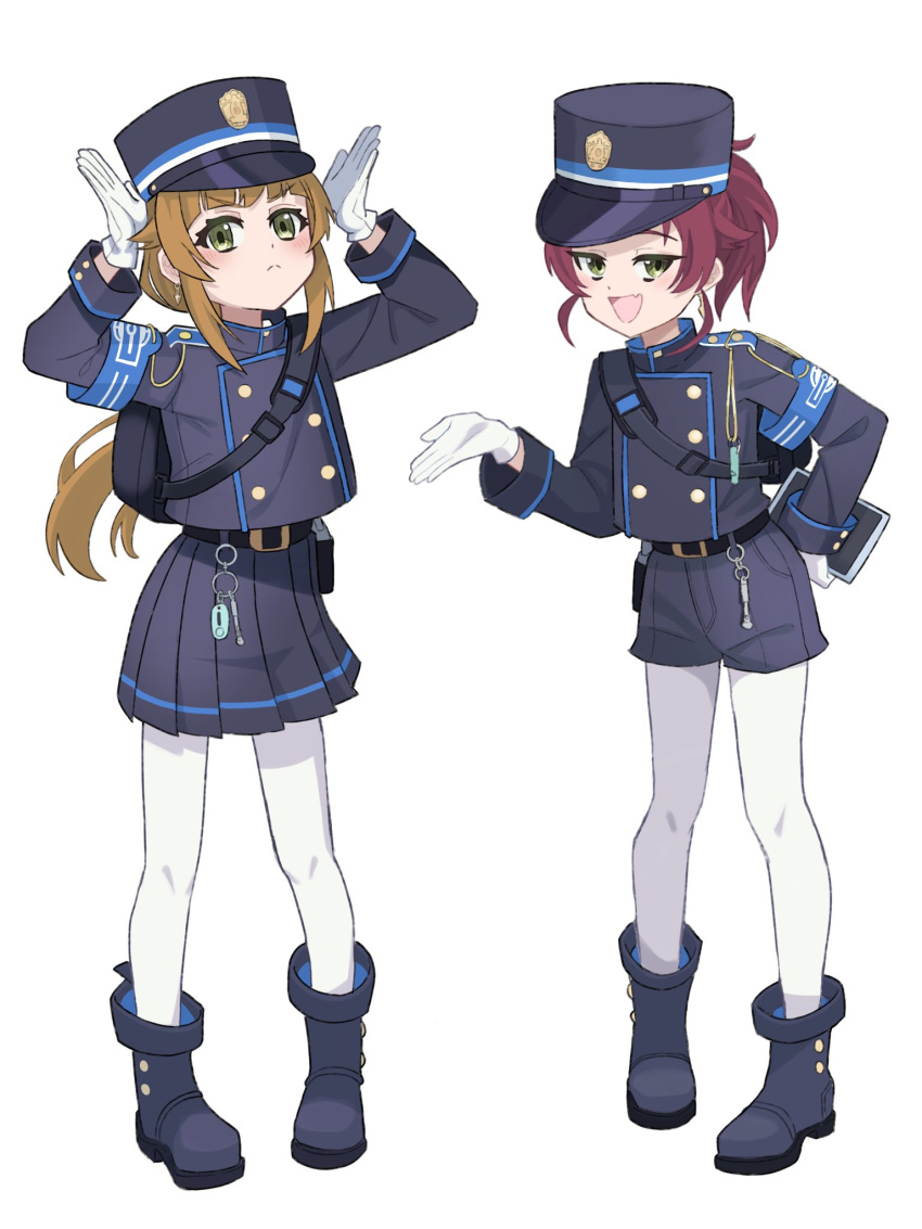 2girls, :<, :d, aisha_greyrat, alternate_costume, armband, arms_up, black_footwear