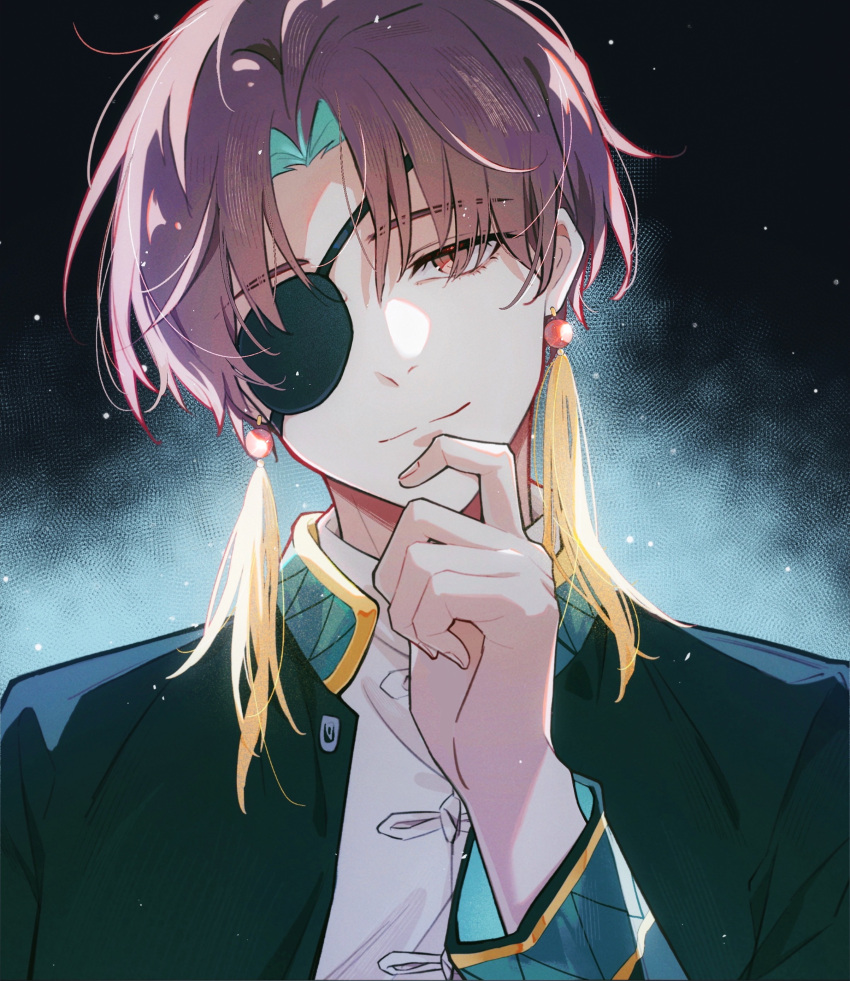 1boy, absurdres, brown_eyes, brown_hair, chinese_clothes, collared_shirt, earrings, eyepatch