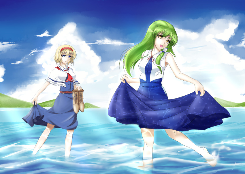 absurdres, alice_margatroid, cloud, highres, holding, holding_shoes, iduki_huwa, izuki_(toneya), kochiya_sanae, long_skirt, multiple_girls, shoes_removed, skirt, skirt_lift, touhou, water