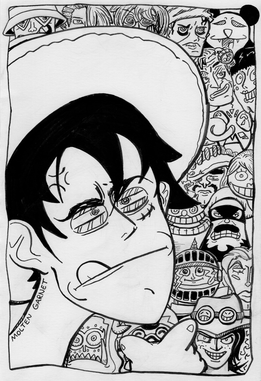 absurdres, bon_clay, cabaji, daddy_masterson, fudepen_(medium), gin_(one_piece), greyscale, hat
