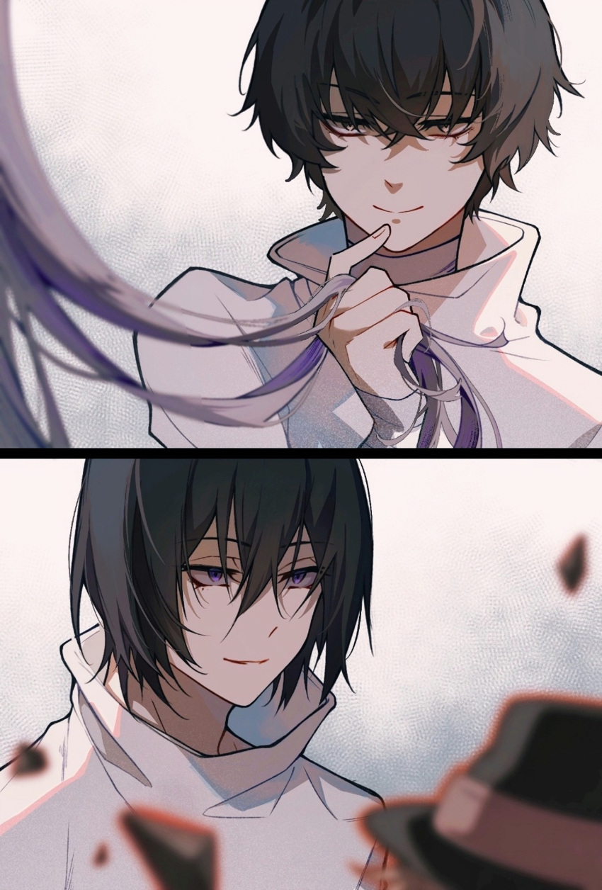 4boys, bandaged_arm, bandaged_neck, bandages, black_hair, black_hat, bungou_stray_dogs, dazai_osamu_(bungou_stray_dogs)