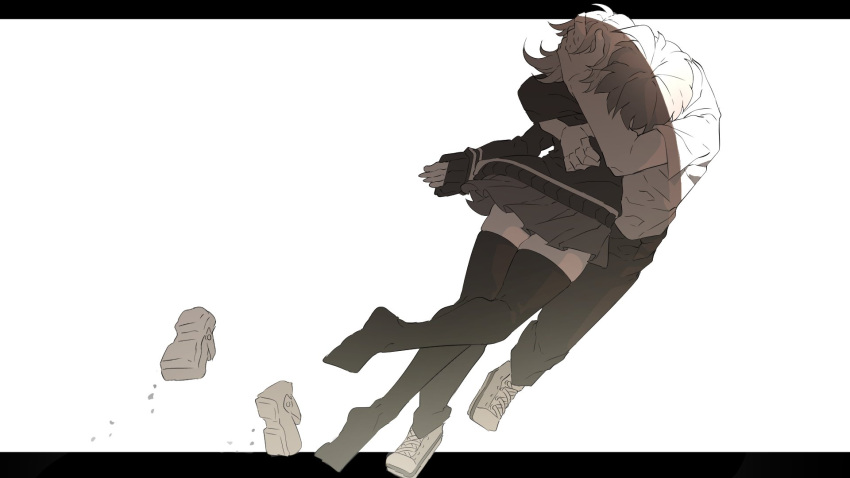 1boy, 1girl, ahoge, arms_around_neck, black_jacket, black_pants, black_sleeves, black_thighhighs