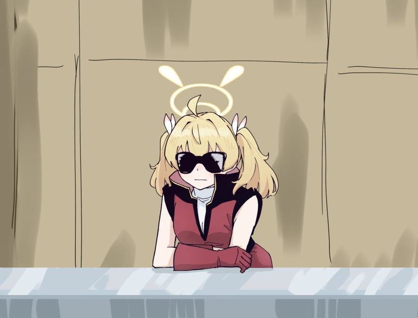 1girl, against_railing, alternate_costume, blonde_hair, blue_archive, commentary_request, cosplay, elbow_gloves