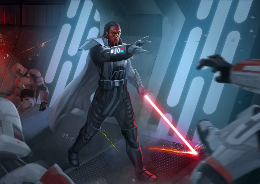 4boys, alien, armor, battle, belt, black_belt, black_footwear, black_hair, black_pants, black_tunic, boots, cape, colored_sclera, colored_skin, energy_sword, gloves, grey_cape, grey_gloves, hifarry, holding_lightsaber, knee_boots, lightsaber, multiple_boys, pants, pauldrons, red_lightsaber, red_skin, shoulder_armor, sith, sith_pureblood, solo_focus, spacecraft_interior, star_wars, star_wars:_the_old_republic, sword, trooper_(swtor), weapon, yellow_sclera