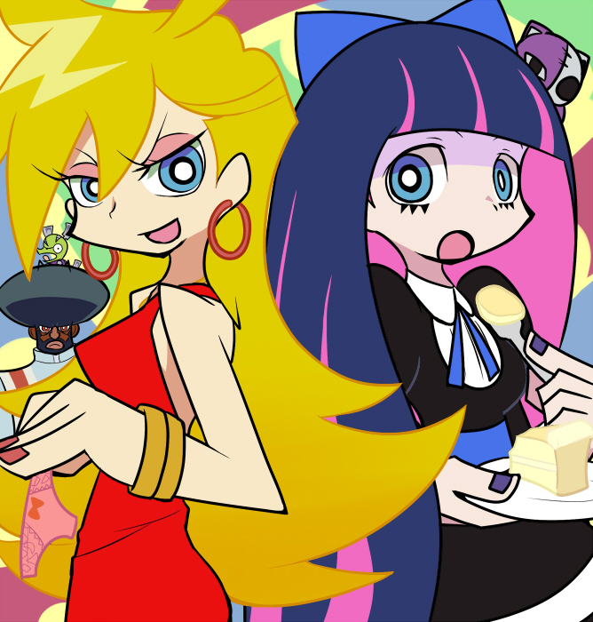 beard, black_hair, blonde_hair, cake, chuck_(psg), eating, facial_hair, food