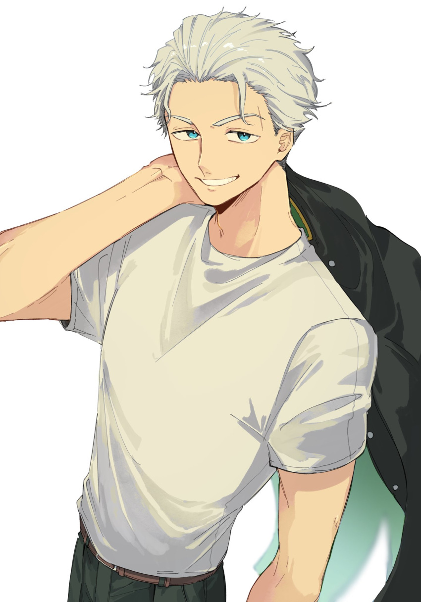 1boy, belt, black_jacket, blue_eyes, brown_belt, grin, highres, jacket, looking_at_viewer, pants, s_m_n_325, shirt, short_hair, smile, solo, umemiya_hajime, upper_body, v-shaped_eyebrows, white_background, white_hair, wind_breaker_(nii_satoru)