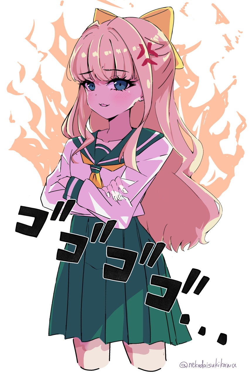1girl, absurdres, anger_vein, blonde_hair, blue_eyes, blue_sailor_collar, blue_skirt, blunt_bangs, bow, commentary, cowboy_shot, cropped_legs, crossed_arms, fire, hair_bow, highres, long_hair, long_sleeves, looking_at_viewer, mahou_shoujo_ni_akogarete, medium_skirt, neckerchief, nuanko, open_mouth, pleated_skirt, sailor_collar, school_uniform, serafuku, shirt, skirt, smile, solo, standing, tenkawa_kaoruko, twitter_username, white_background, white_shirt, yellow_neckerchief