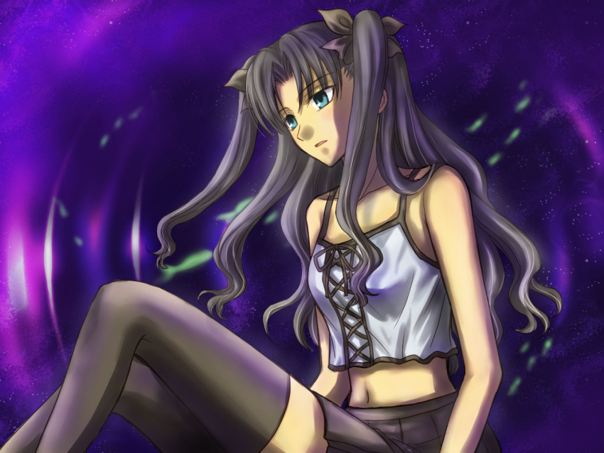 aqua_eyes, bare_shoulders, black_hair, black_legwear, blue_eyes, bow, camisole, fate/stay_night