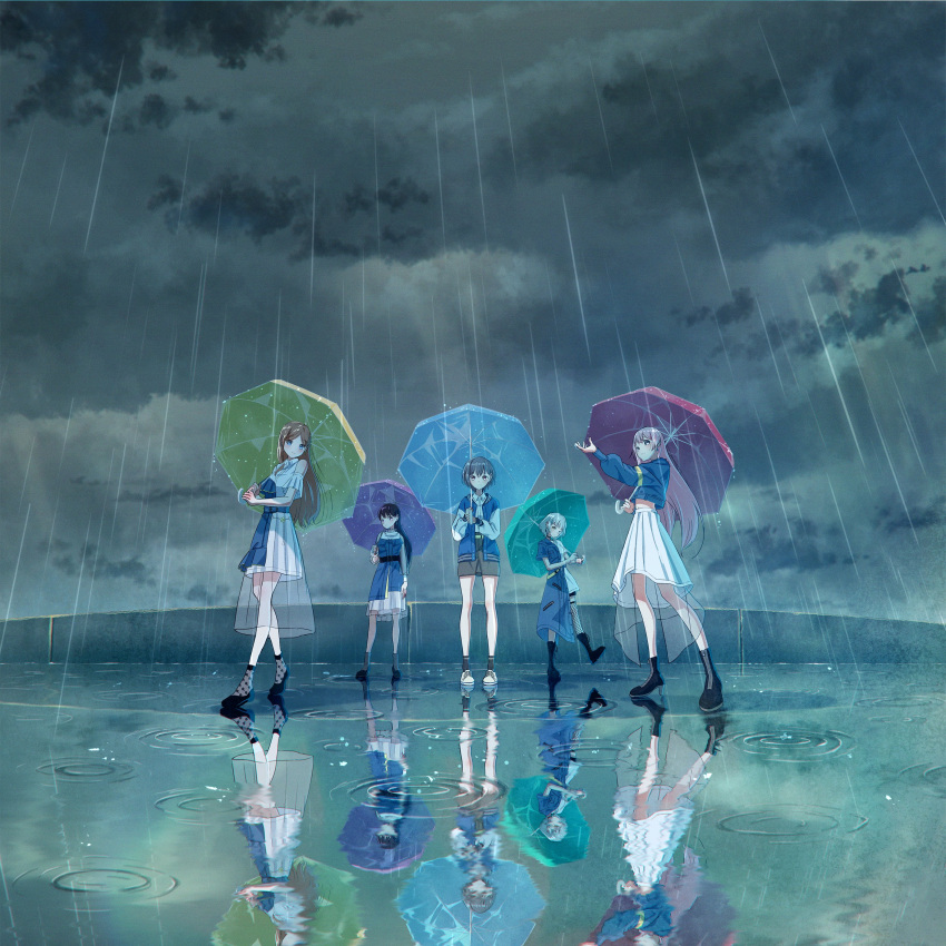 5girls, absurdres, aqua_umbrella, bang_dream!, bang_dream!_it's_mygo!!!!!, bare_shoulders, black_footwear, blue_dress
