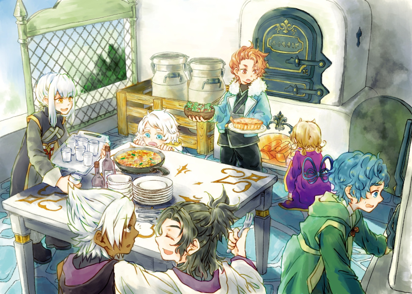 2girls, 5boys, arm_on_another's_shoulder, baldr_(kingdom_hearts), black_footwear, black_hair, black_pants, black_robe